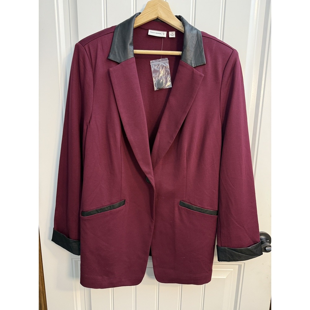 Susan Graver Ponte Knit Shawl Collar Blazer-Sz 14 NWOT Faux Leather Burgundy